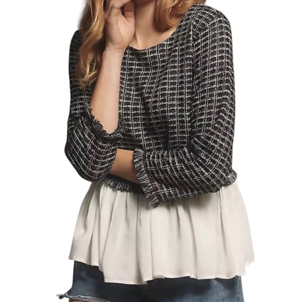 Anthropologie Maeve tweed twofer top black white plaid pattern layered M EUC